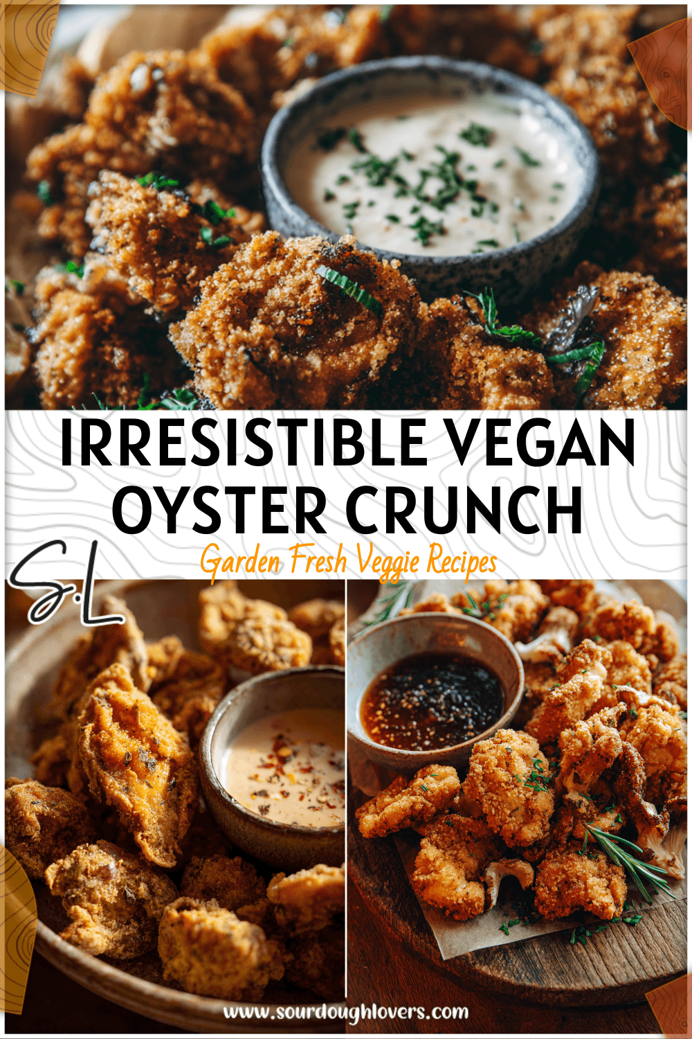 Close-up of crispy fried king oyster mushrooms arranged on a rustic platter with dipping sauce.